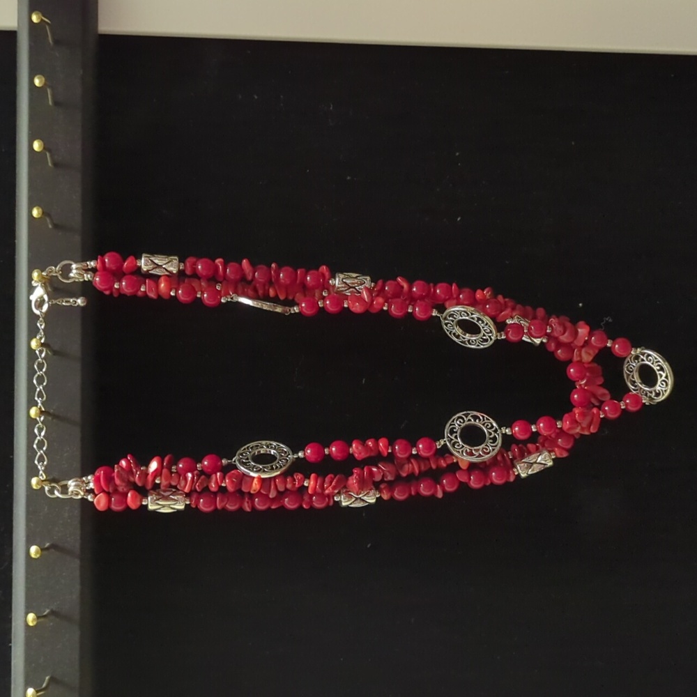 Premier design red firecracker 3 strand necklace with matching earrings